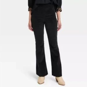 Knox Rose Black Velvet Corduroy Fitted Flare Pants Elastic Waist Retro Pull On